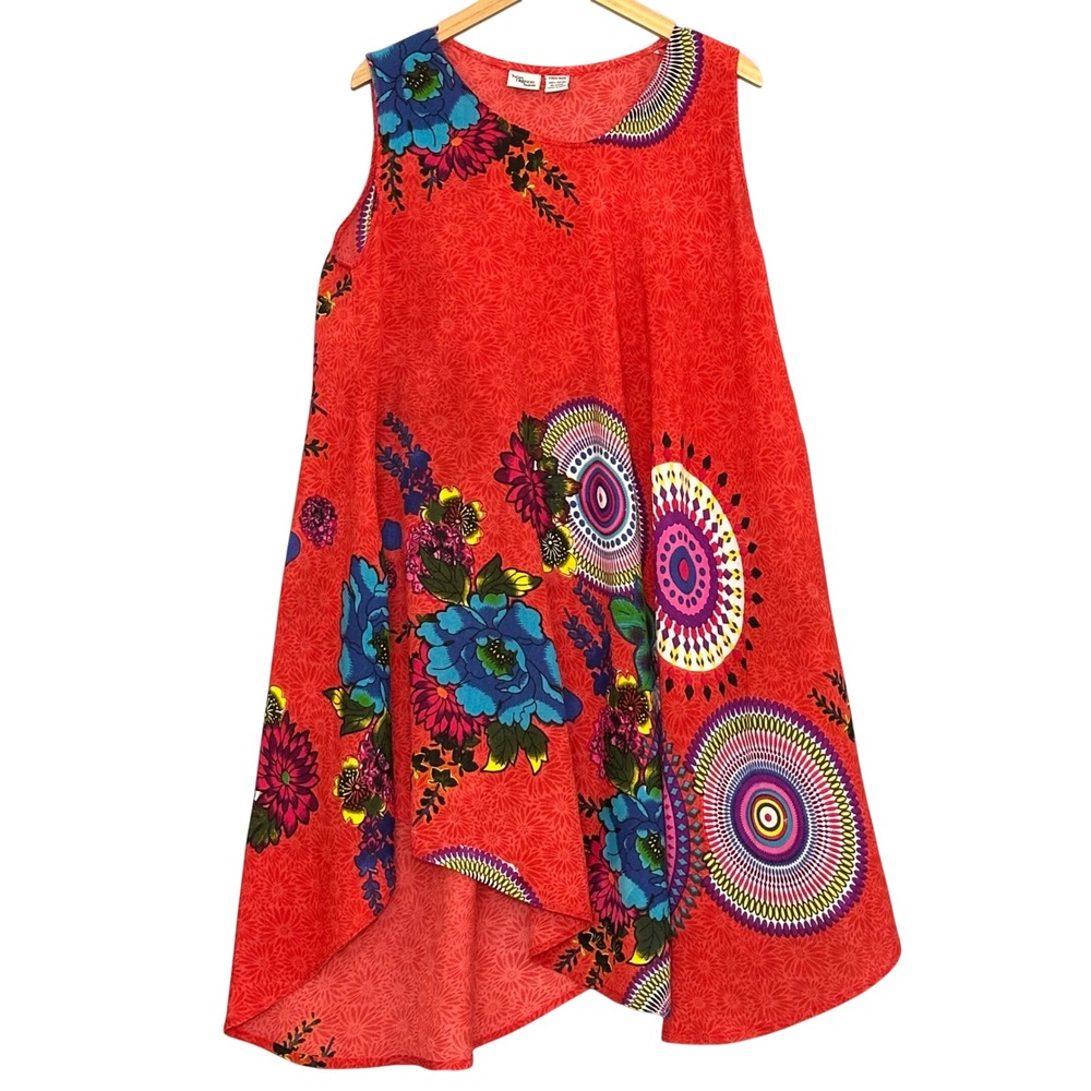 Indian Tropical Womens Dress Free L XL Plus Red Floral Mandala India Boho Hippie